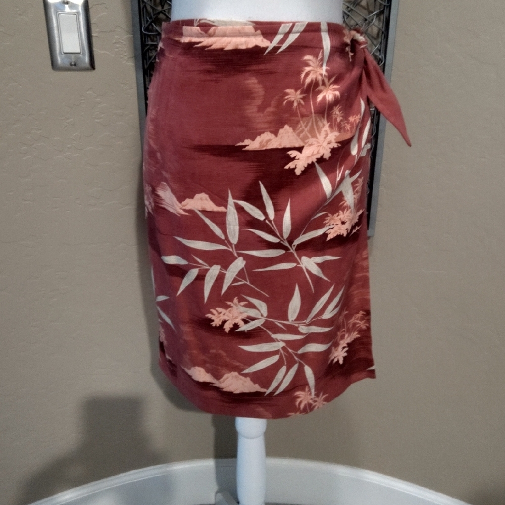 Tommy Bahama Cranberry and Coral Tropical Print Silk Sarong Skirt